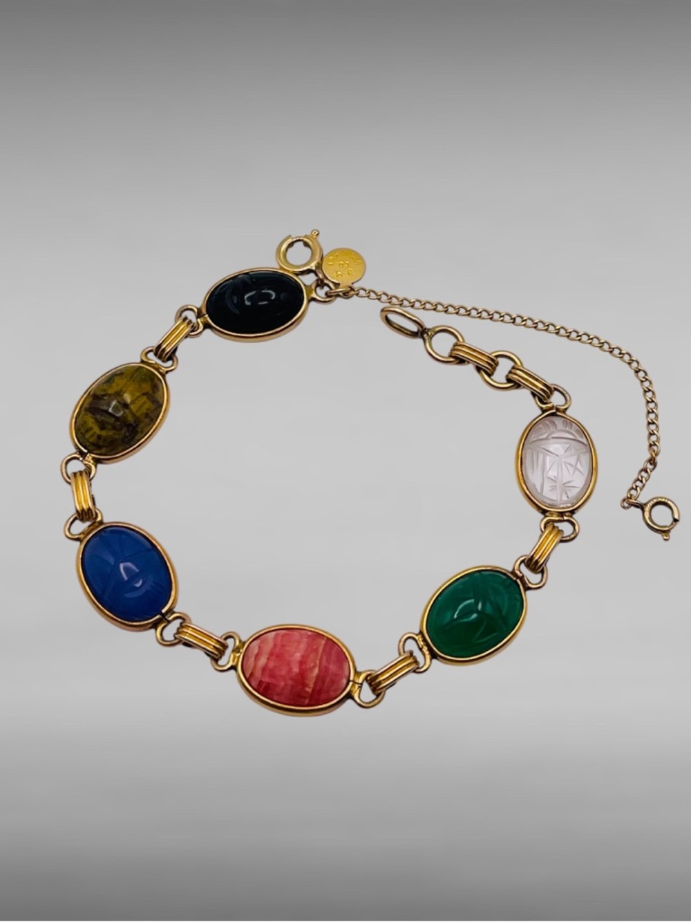 Vintage B&H Egyptian Revival Genuine Gemstones Scarab Bracelet 12K Gold Filled